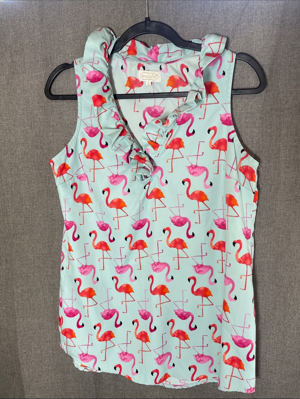 Mud Pie Flamingo Ruffle Neck Sleeveless Blouse Top Mint Green Pink Size S